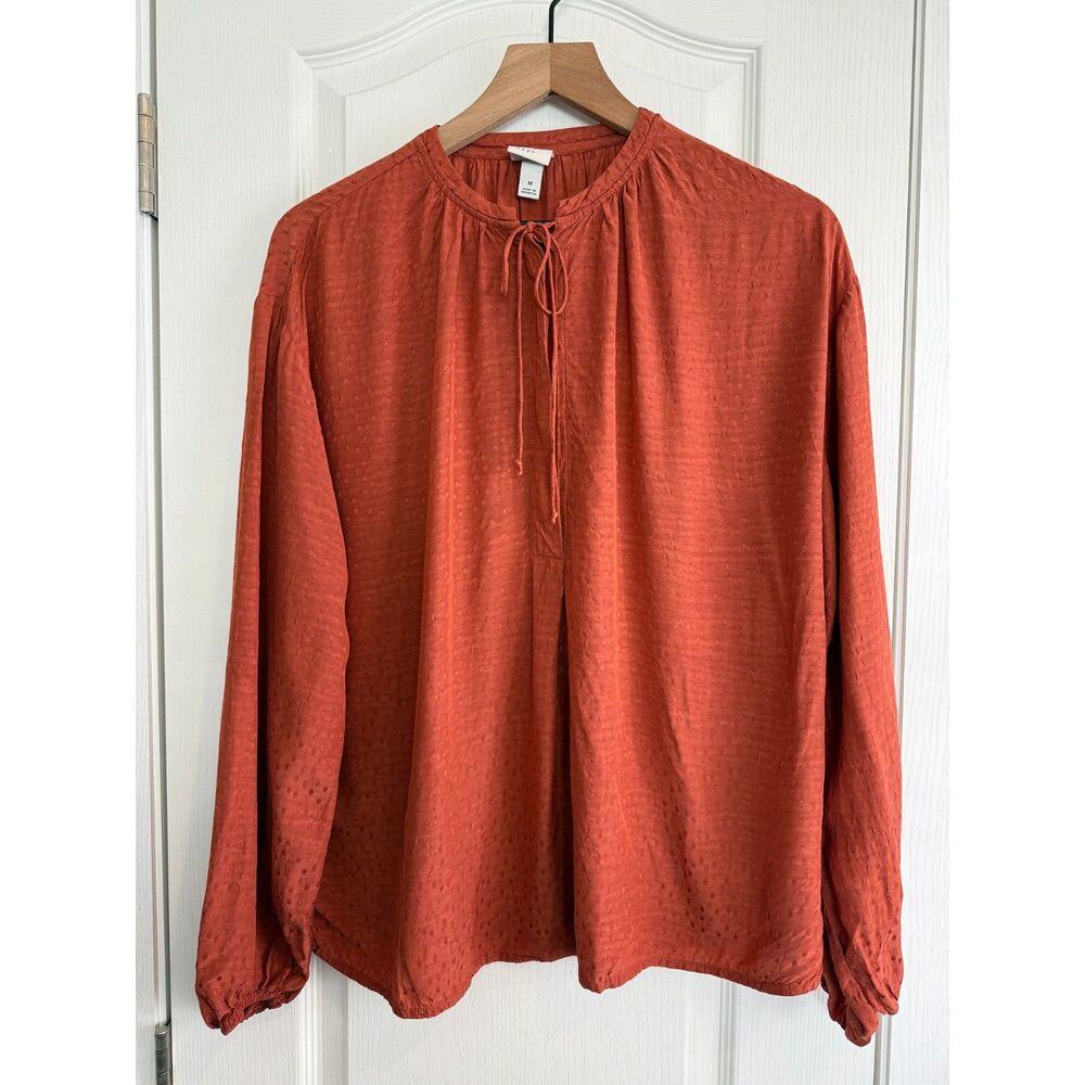 A New Day Women's Burnt Orange Tie Neck Long Sleeve Blouse Top Rayon Size M
